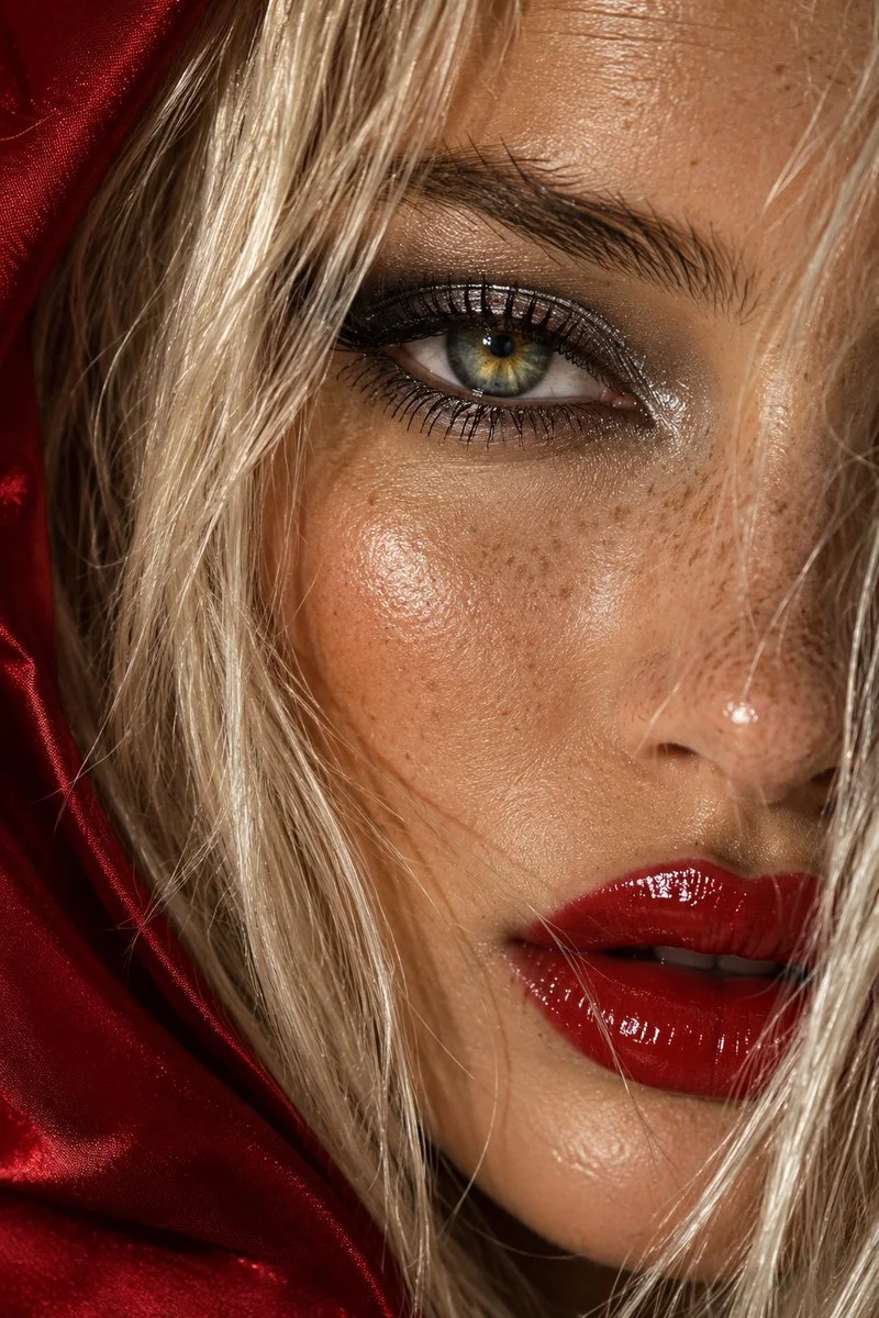 Intense green-hazel eye framed by platinum blonde hair and red hood