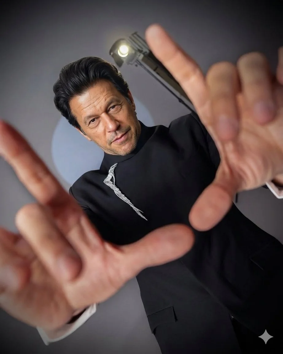 Intense Low-Angle Portrait with Cinematic Lighting and Dynamic Gesture