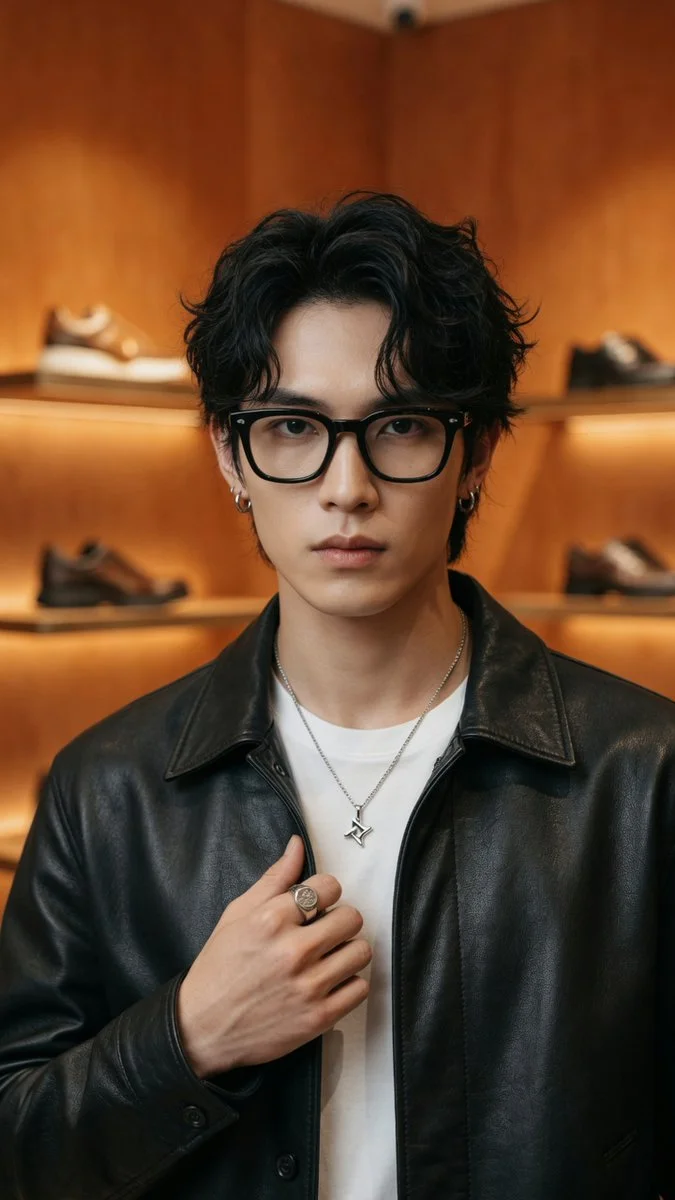 Intense portrait of a man in glasses and a leather jacket.