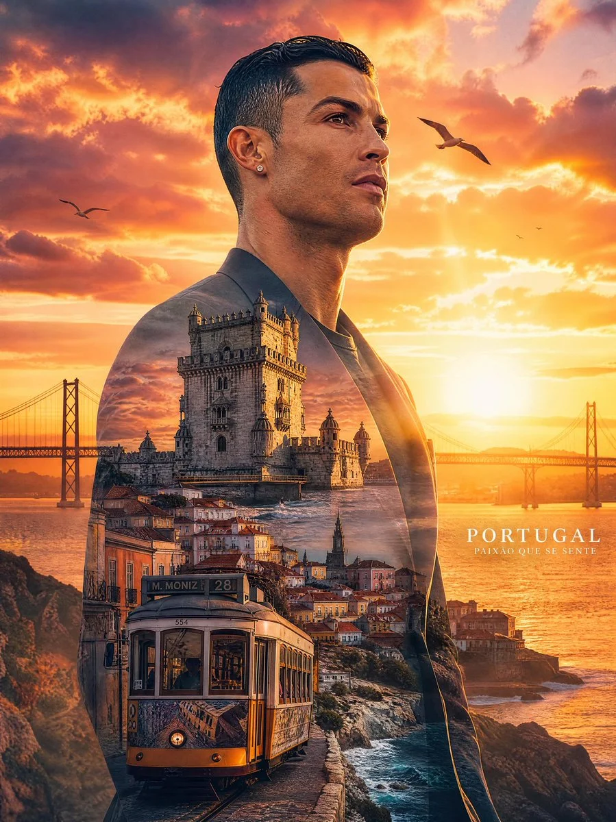 Intense Ronaldo portrait blends with iconic Lisbon landmarks at sunset