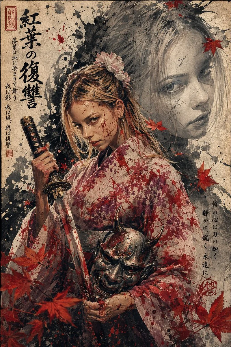 Intense woman with scarred face and red paint wields katana