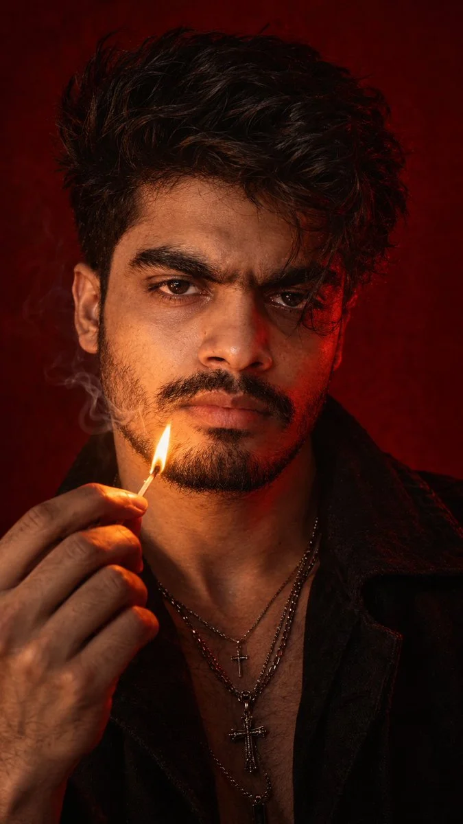 Intense young man holds a lit match against deep crimson backdrop
