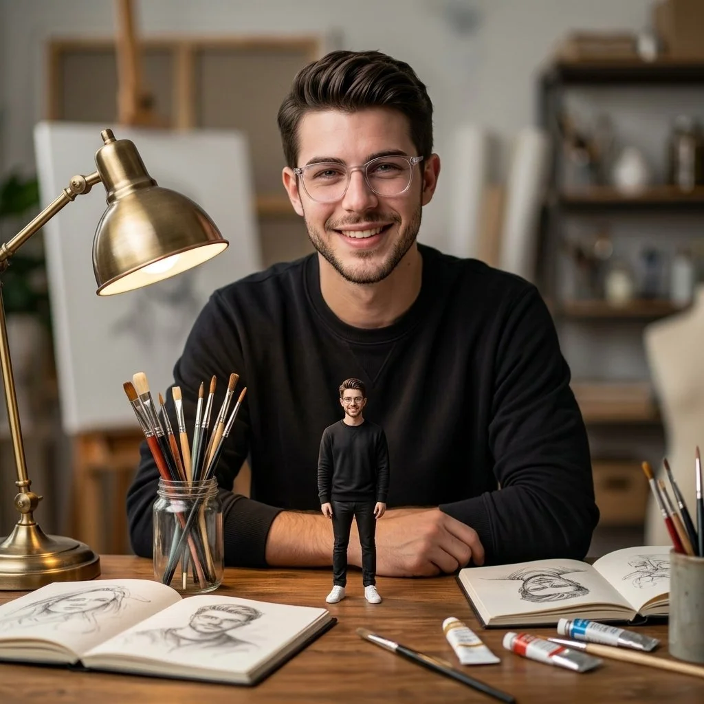 Intimate Art Studio Portrait with Miniature Self-Replica