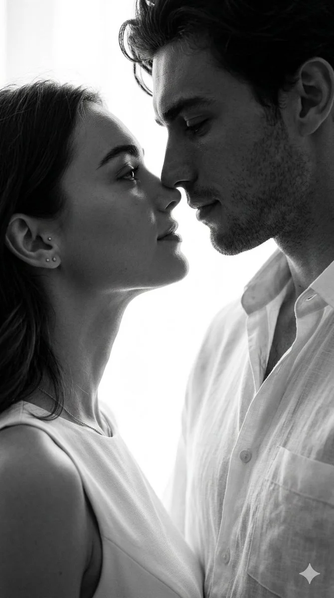 Intimate black and white portrait of a couple sharing a tender moment