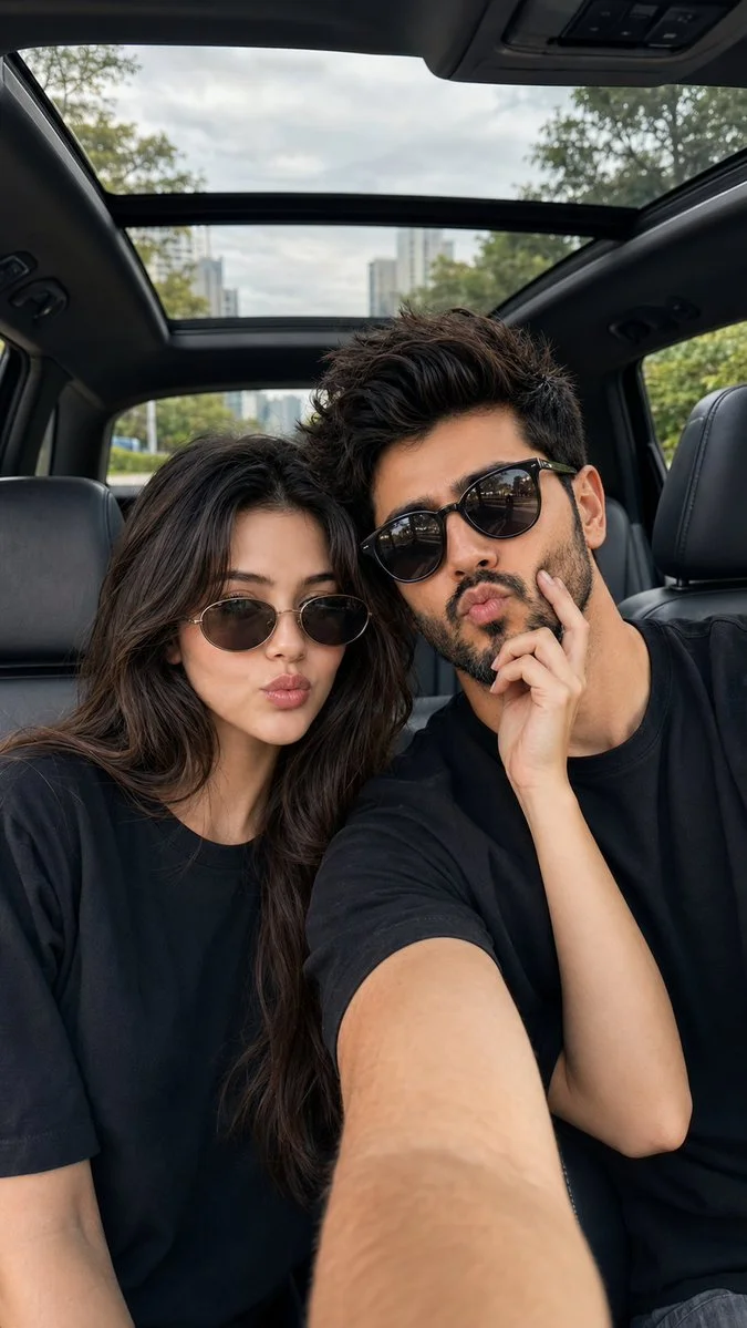 Intimate car selfie captures candid chemistry and soft daylight