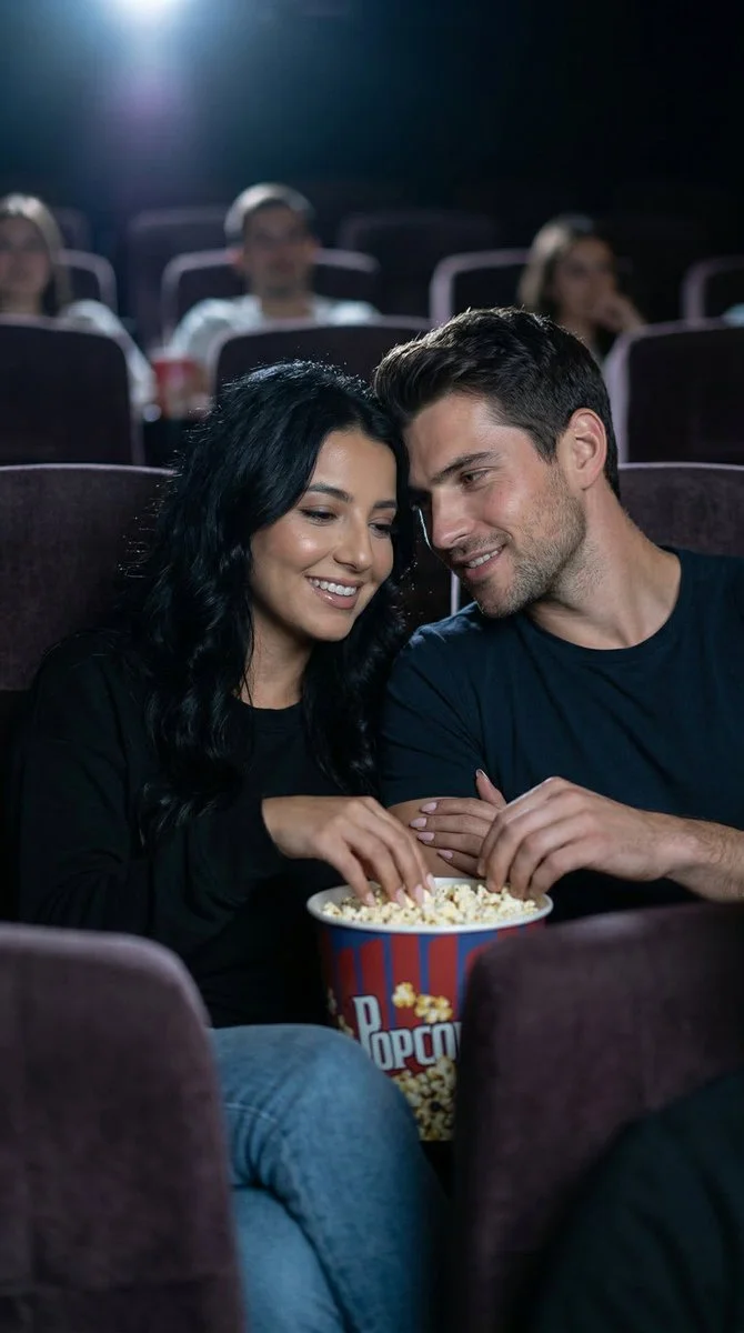 Intimate Cinema Date: A Candid Moment of Shared Popcorn