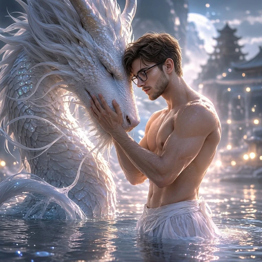 Intimate connection between a warrior and a dragon in magical mist