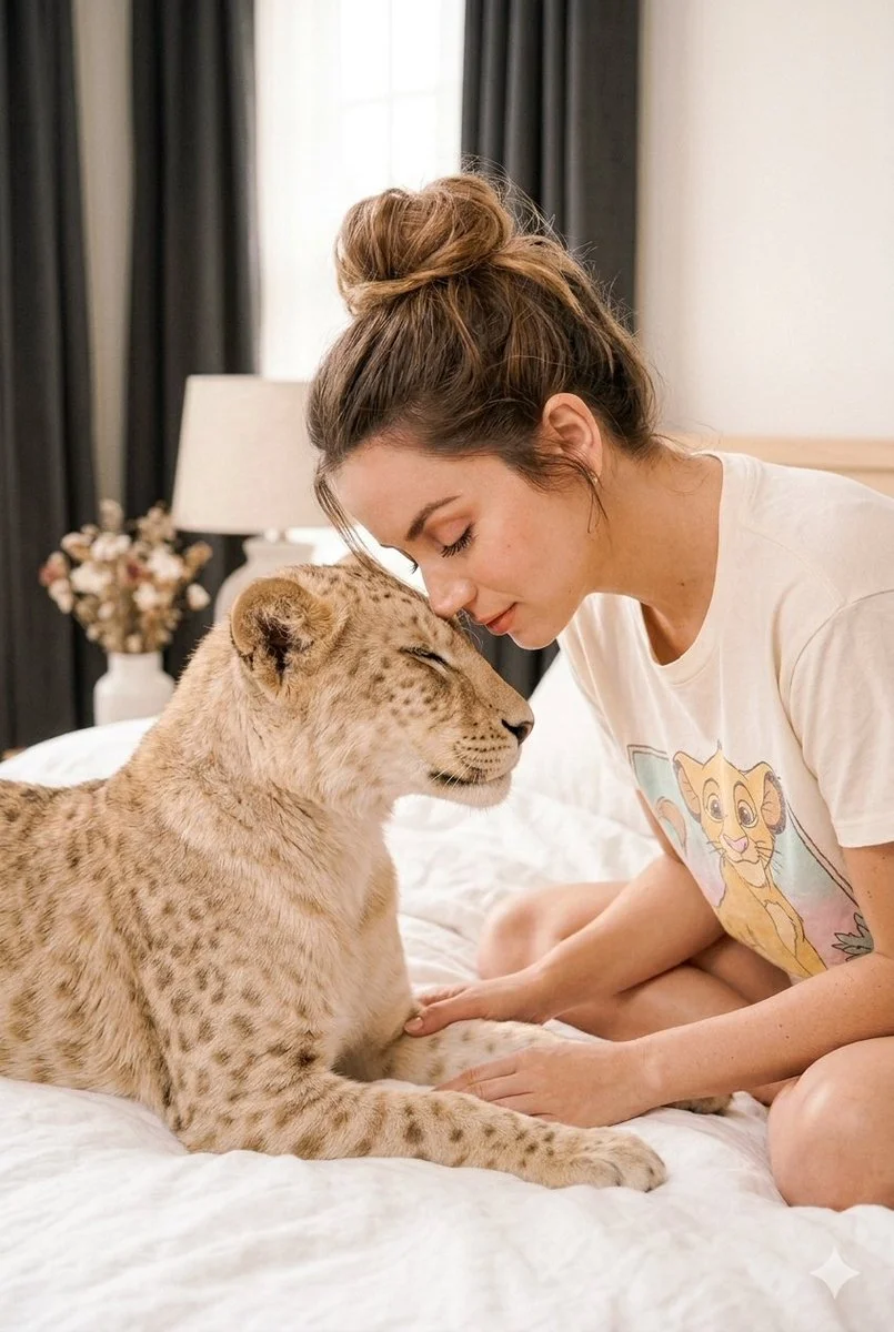 Intimate Connection: Young Woman and Lion-like Cat in Soft Pastel Glow