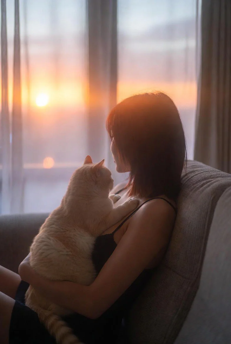 Intimate Evening Glow: Tender Bond Between Girl and Cat