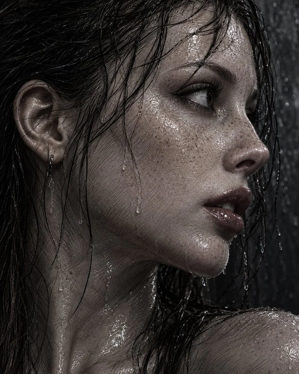 Intimate Gaze of a Woman with Wet Hair and Glossy Skin