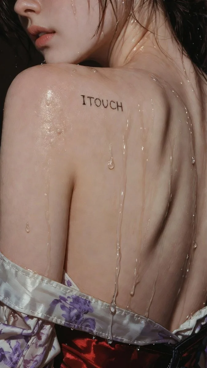 Intimate Glance: Soft Light on Wet Skin and Tattooed Shoulder