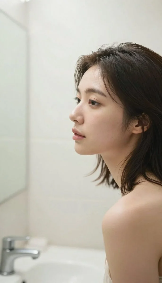 Intimate half-face portrait of a Korean woman in soft bathroom light