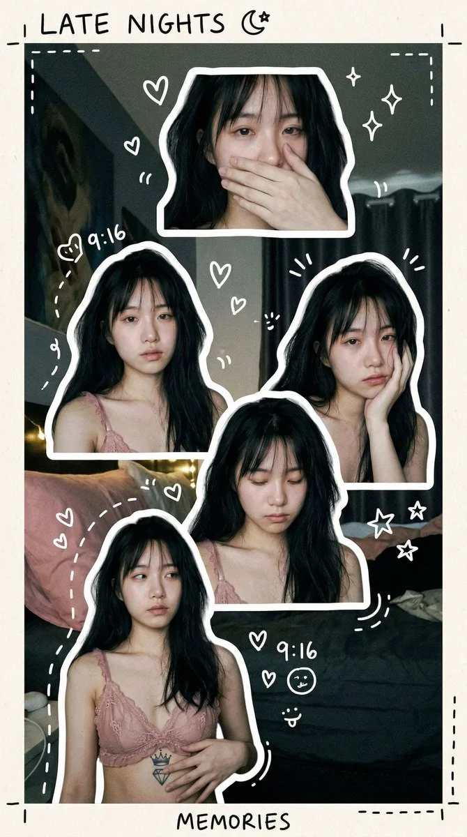 Intimate Late-Night Collage of a Young Woman's Subtle Expressions