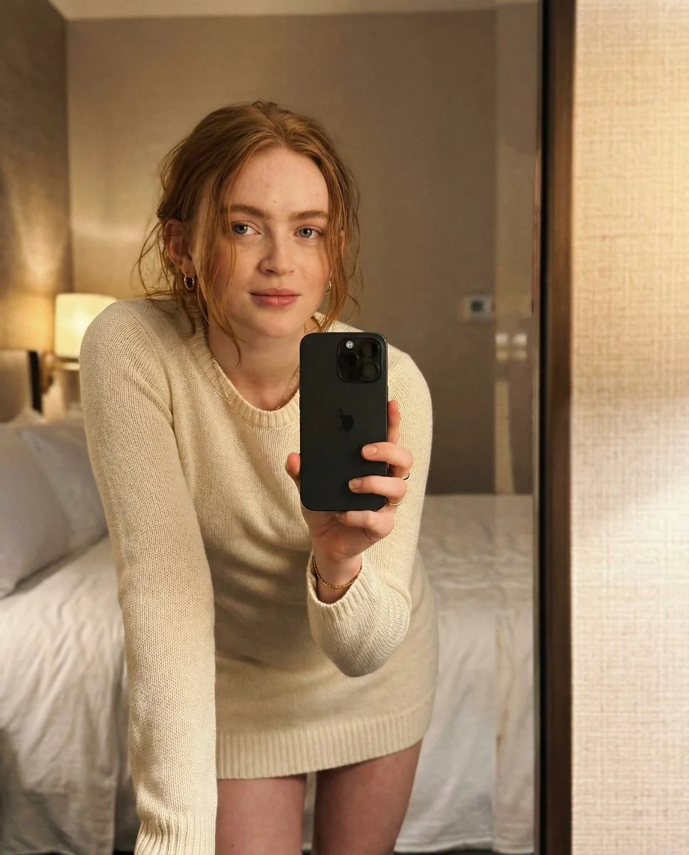 Intimate Mirror Selfie of Sadie Sink in Warm Ambient Light