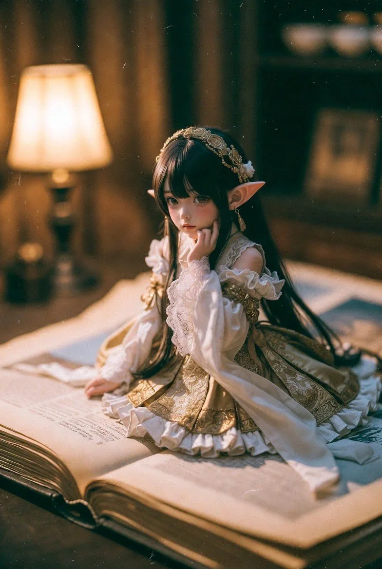 Intimate Moment of Doubt: Elf Girl on Enormous Book Page