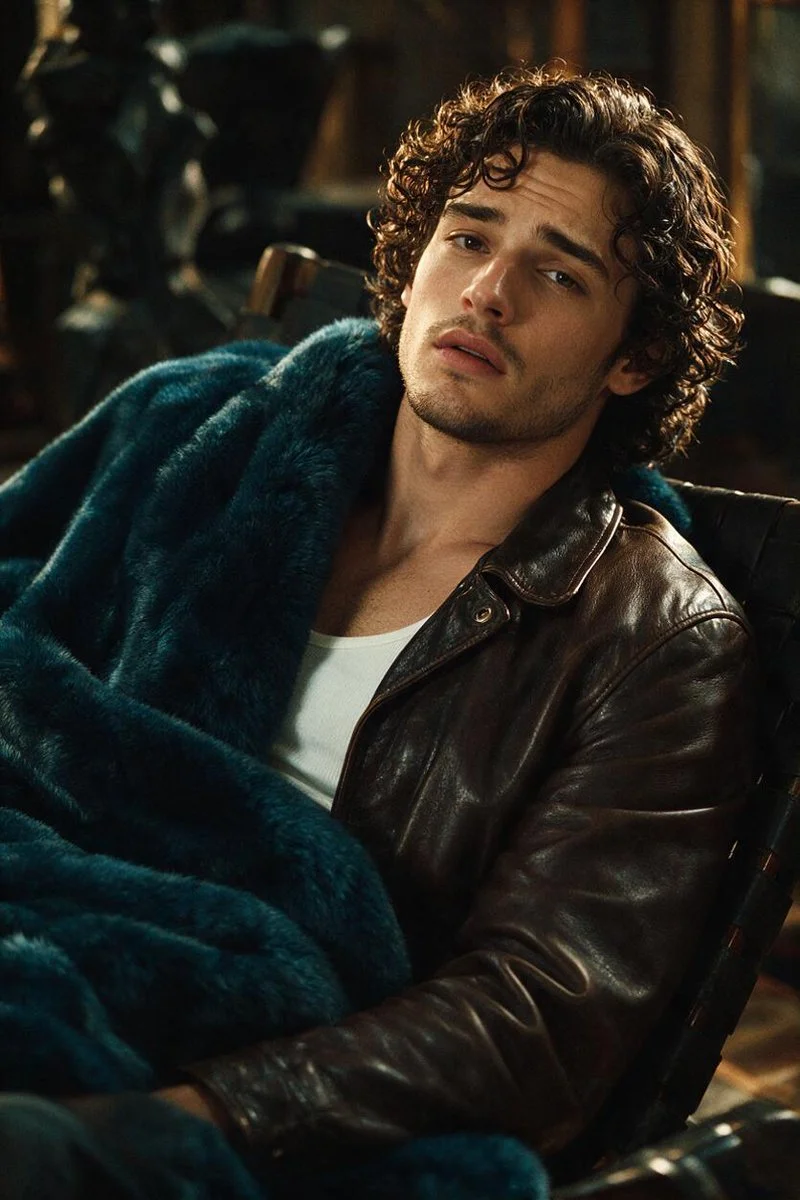 Intimate Portrait of a Man Wrapped in Teal Fur and Leather