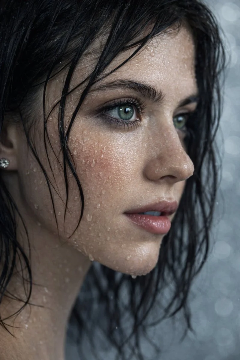 Intimate Profile: Wet Portrait with Natural Green Eyes