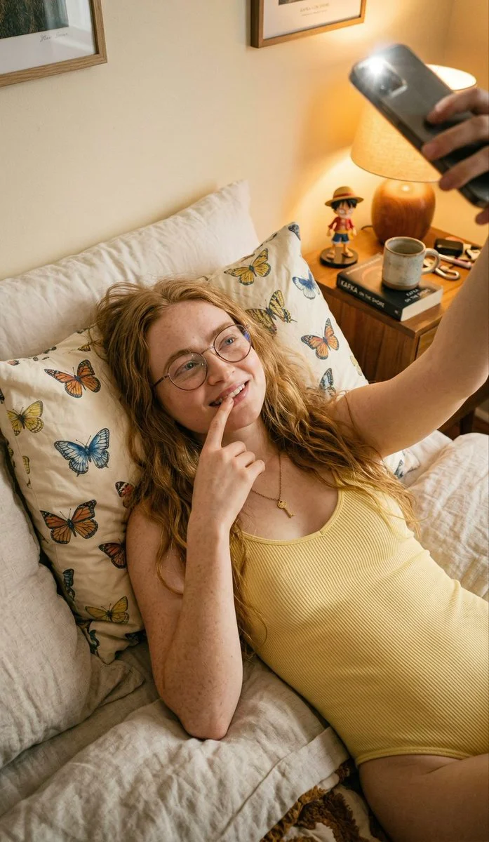 Intimate Selfie: Strawberry-Blonde Charm in Warm Bedroom Glow