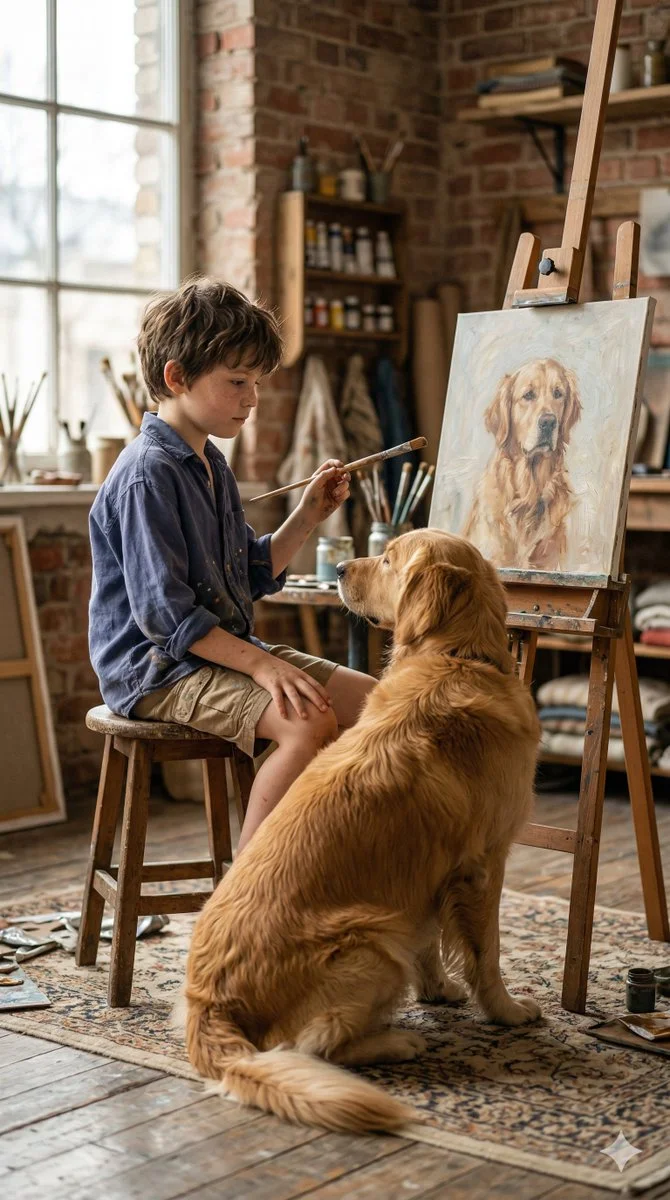 Intimate Studio Moment: Boy Captures Canine Loyalty on Canvas