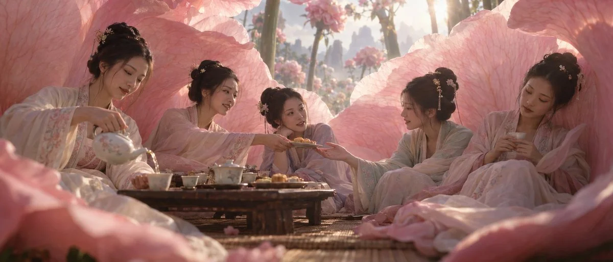 Intimate tea gathering inside a towering pink peony flower's petals