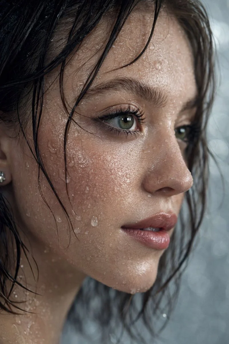 Intimate Wet Portrait with Luminous Green-Hazel Eyes