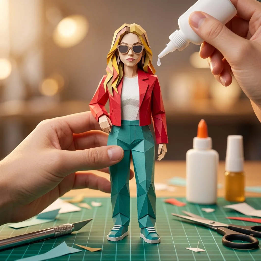 Intricate 3D Paper Craft Figurine in a Cozy Studio Setting