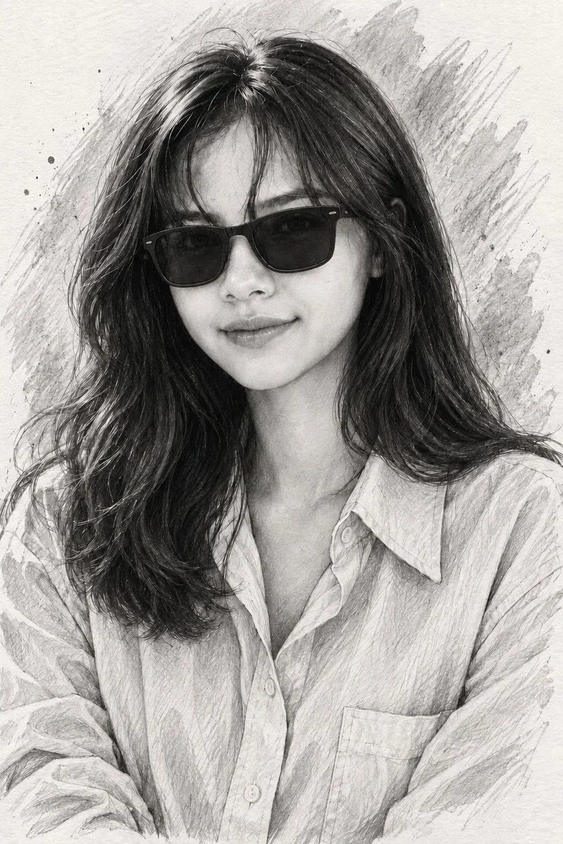 Intricate Black-and-White Portrait of a Young Woman with Detailed Pencil and Ink Texture
