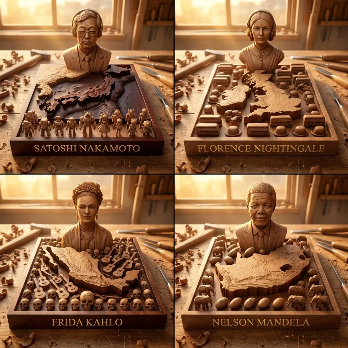 Intricate CNC Wood Carving of Global Icons in a Legacy Monument Diorama