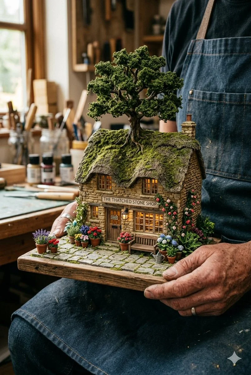 Intricate Craftsmanship: Hands Shaping a Stone Cottage Miniature