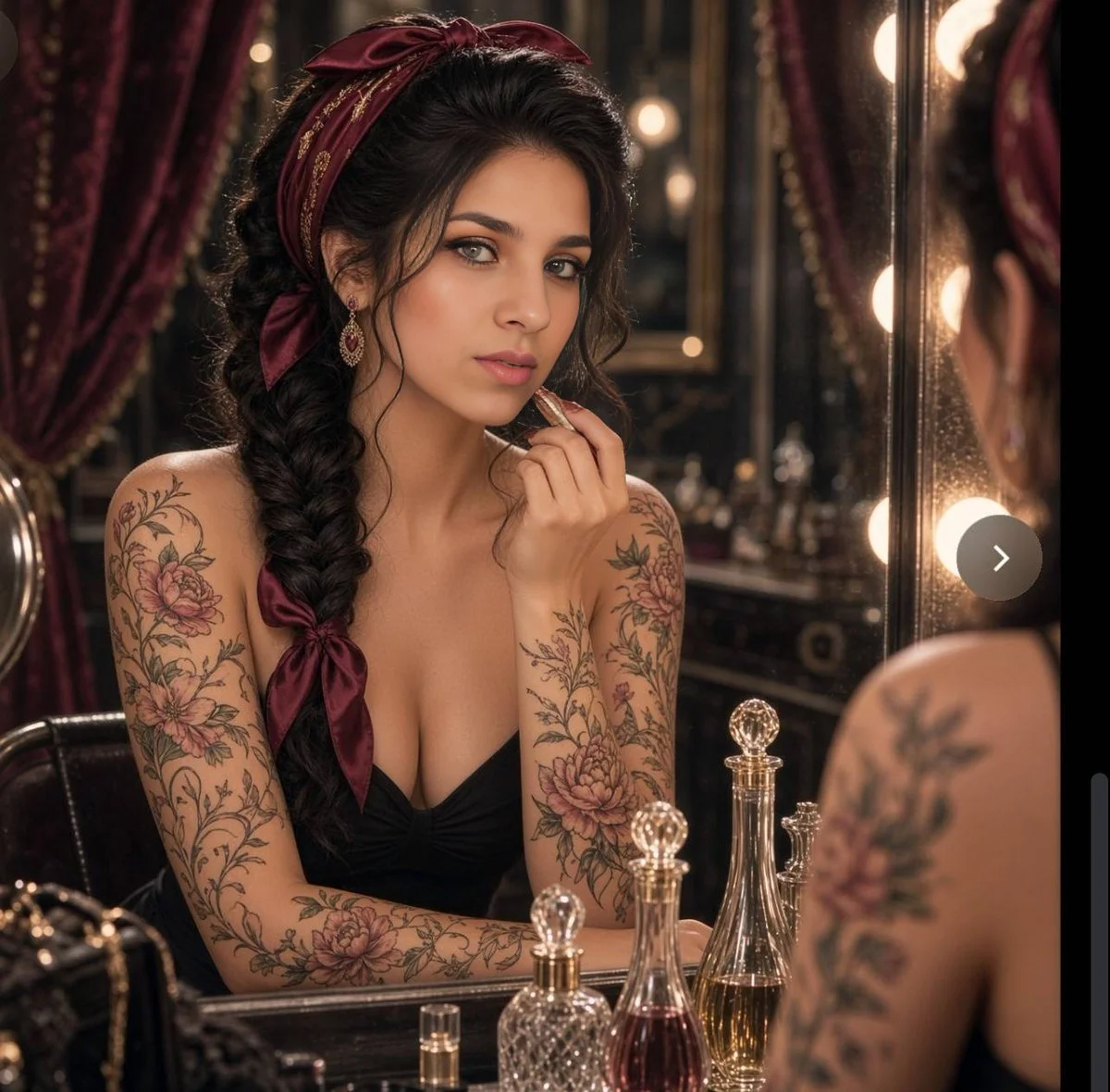 Intricate floral tattoos adorn woman at backstage mirror applying lipstick