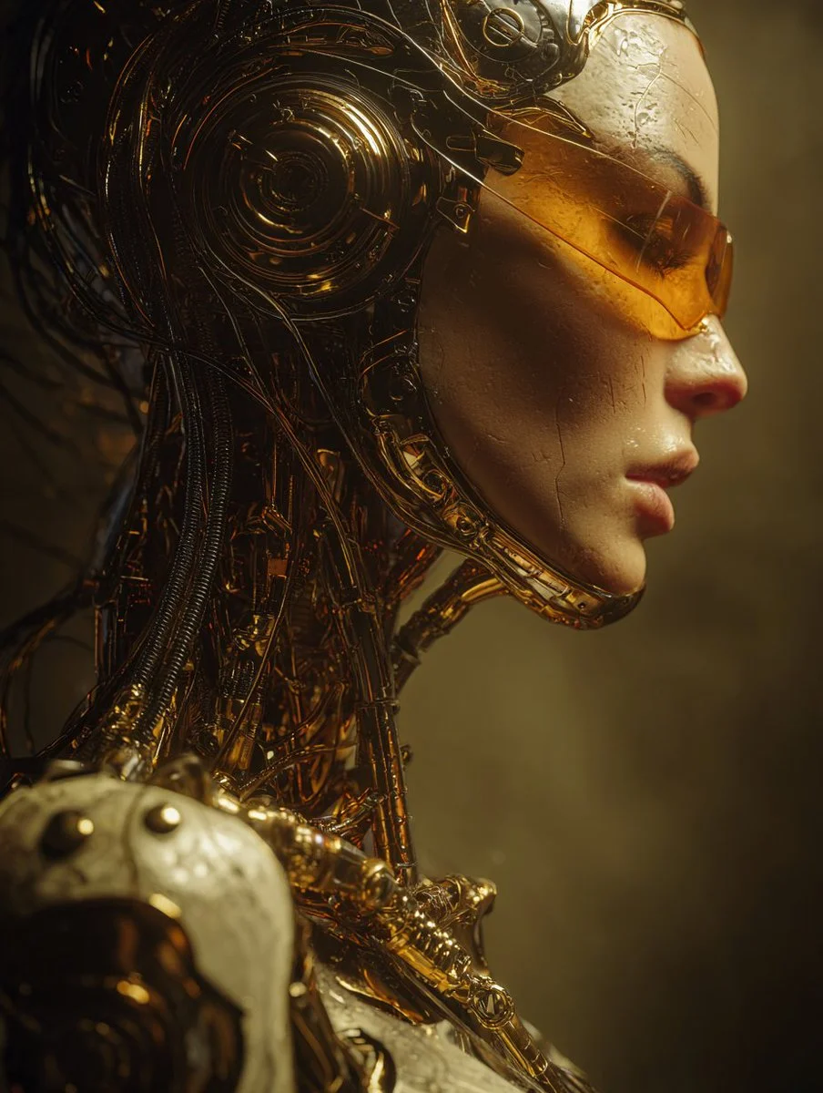 Intricate Golden Robotic Armor Fuses with Serene Female Android Profile