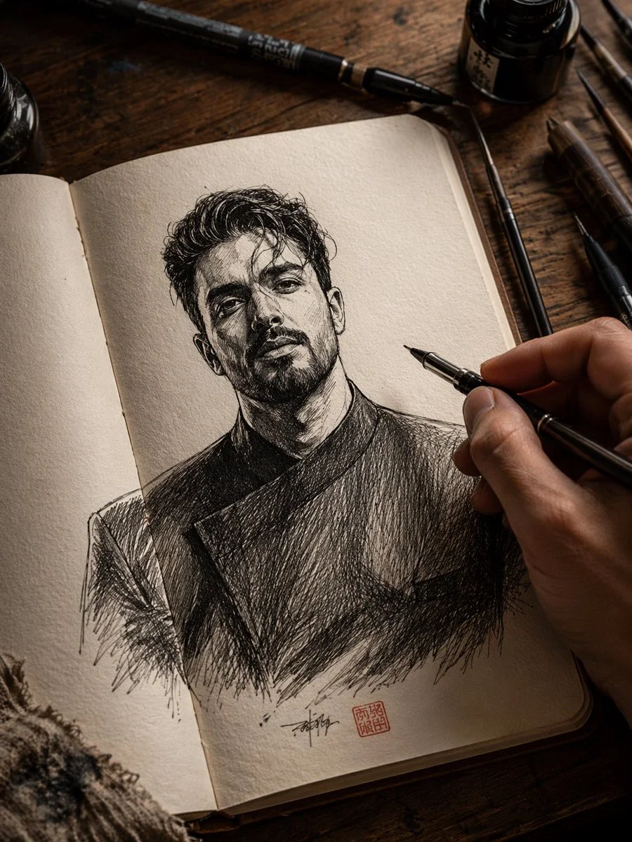 Intricate Ink Sketch of Man in Progress on Wooden Desk