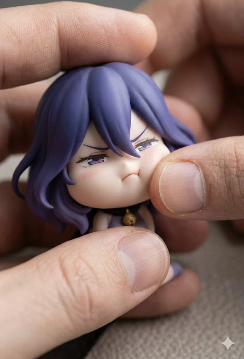 Intricate Macro Shot of a Grumpy Chibi Figurine in Hand
