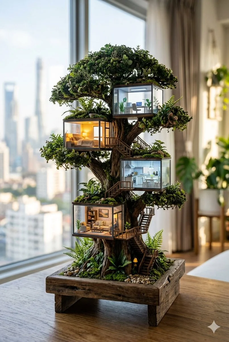 Intricate Miniature Worlds: Wooden Treehouses and Mossy Villages