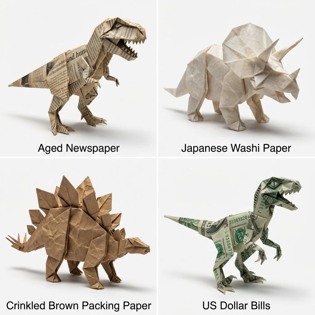 Intricate Origami Dinosaurs Crafted from Unique Papers