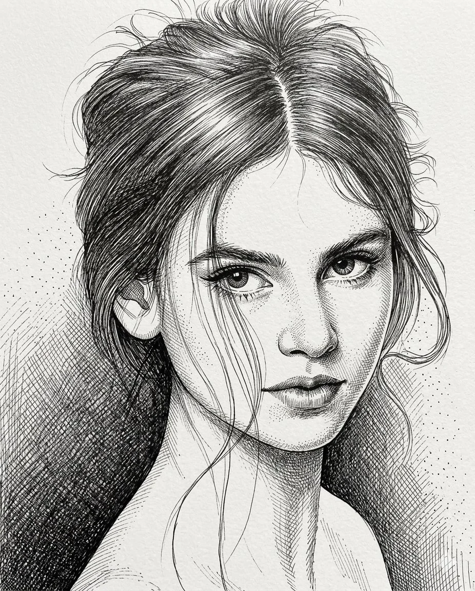 Intricate Pen and Ink Portrait of a Young Woman