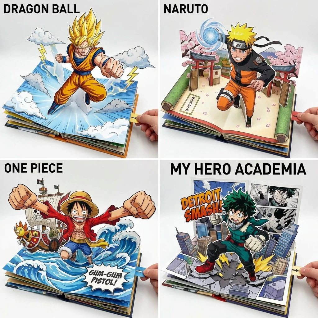 Intricate Pop-Up Manga Heroes: Dynamic Paper Engineering in Action