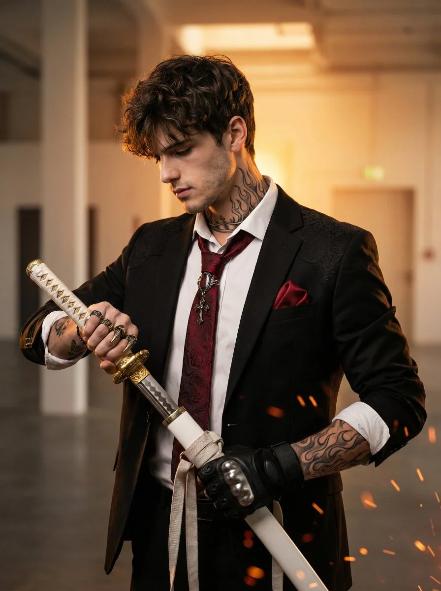 Intricate Portrait of a Modern Warrior with Ornate Sword and Tattoos