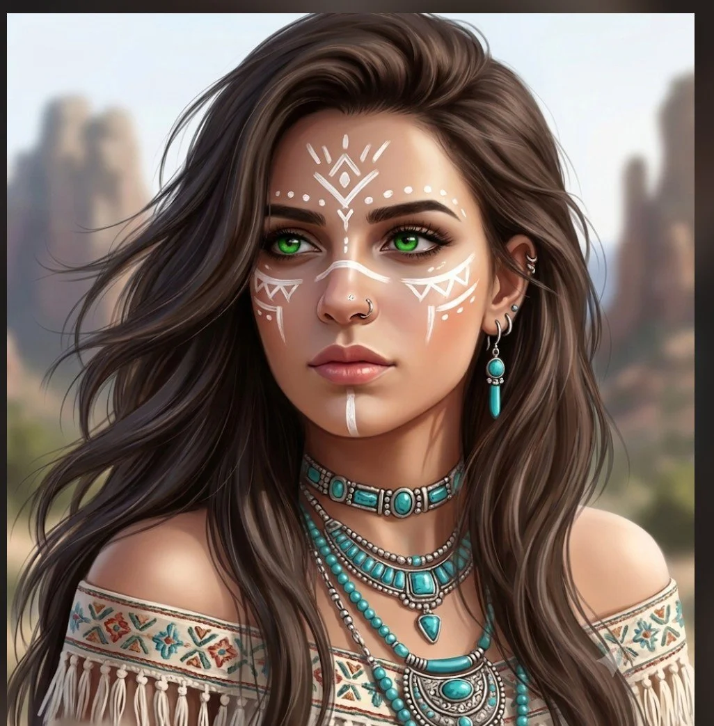 Intricate white tribal face paint adorns a bohemian beauty in sunlight