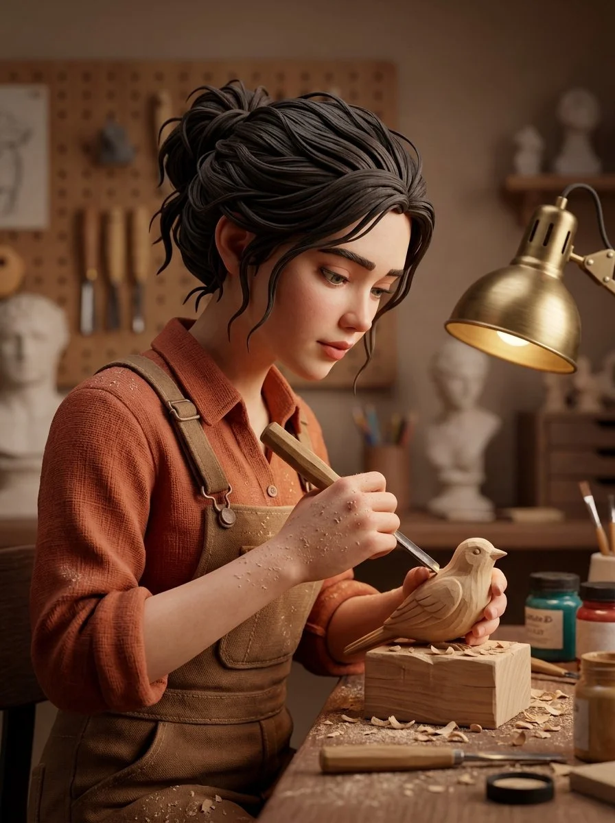 Intricate Wood Carving in Warm Claymation Style