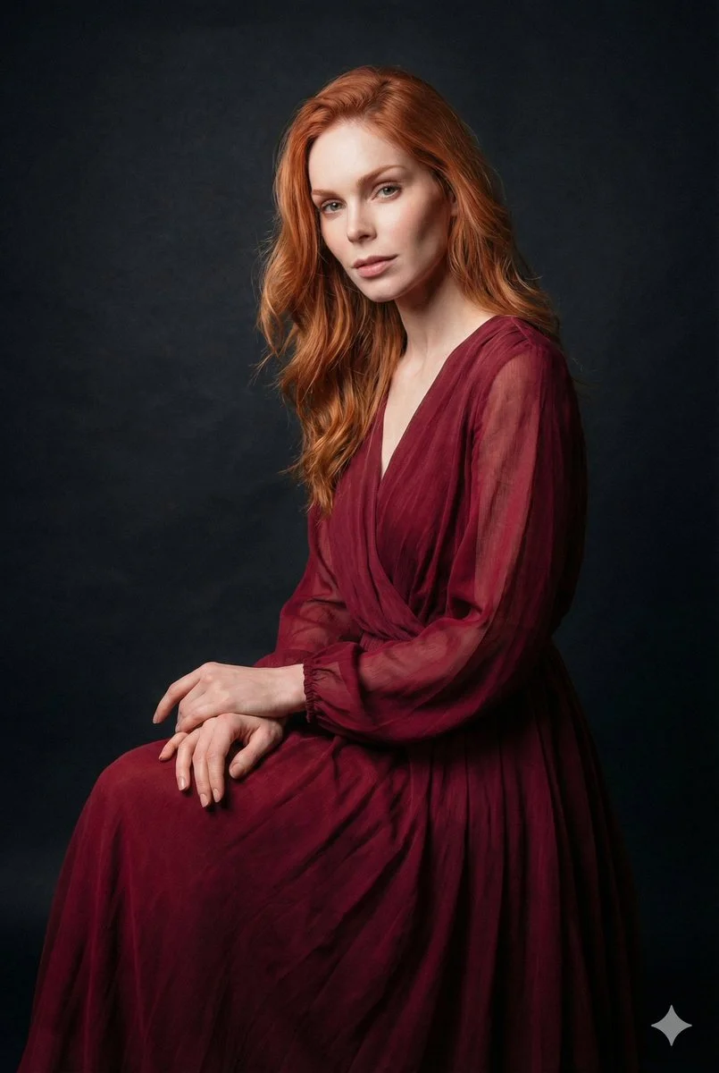 Introspective Elegance in Crimson Hues