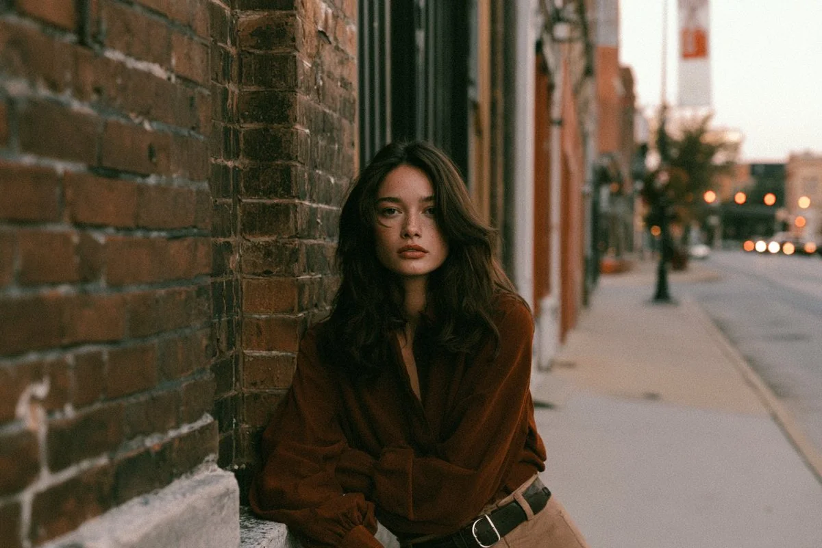 Introspective Figure in Seventies Wardrobe Captured with Nostalgic Film Grain
