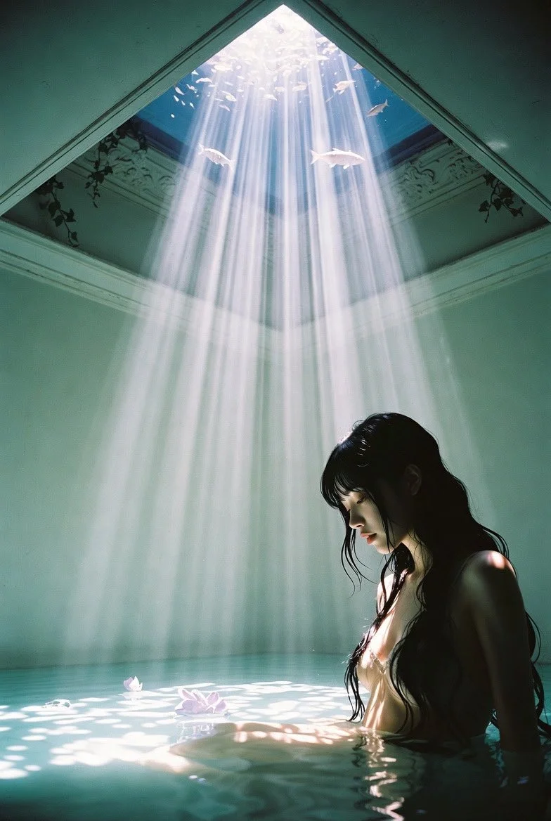 Introspective Moment in a Dreamlike Light-Filled Space