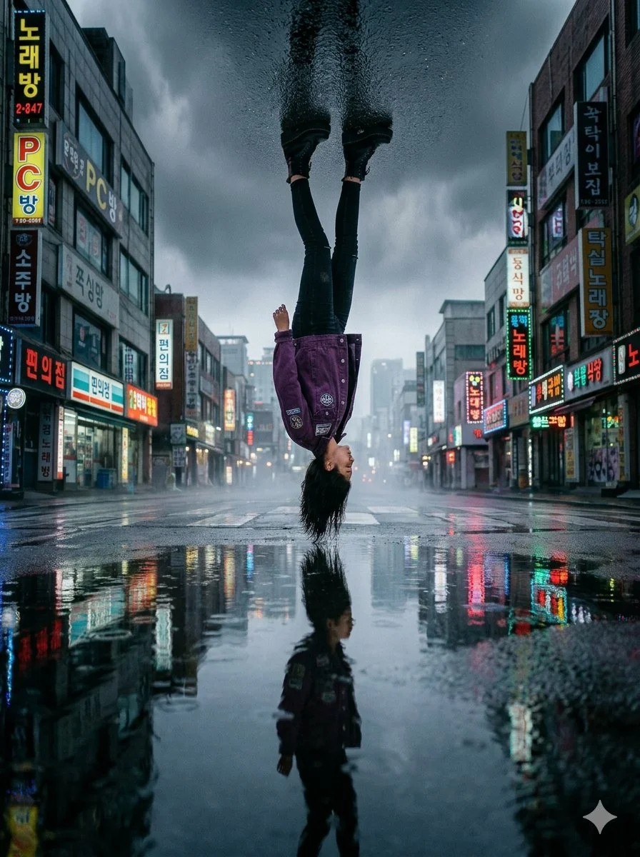 Inverted Reality: Woman Defies Gravity in Neon-Lit Urban Dream