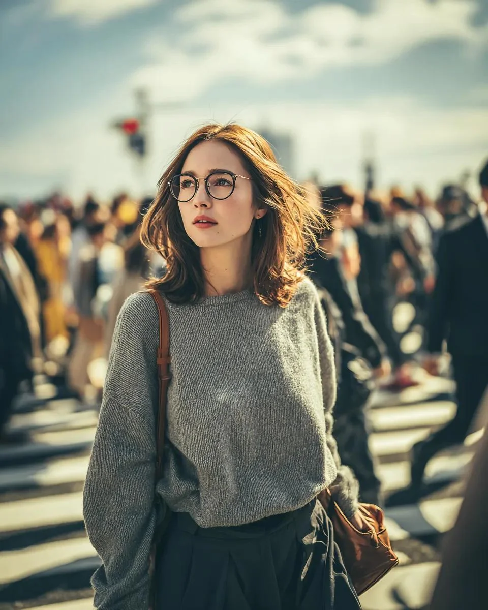 Isolated Poise in the Chaos of a Bustling Crosswalk