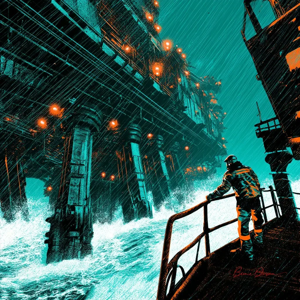 Isolation Amid Nature’s Fury on a Stormy Ocean Platform