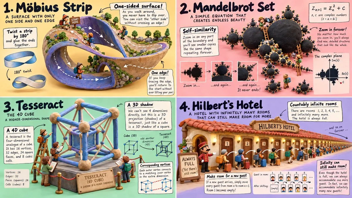 Isometric clay diorama brings four math concepts to life with ink overlays