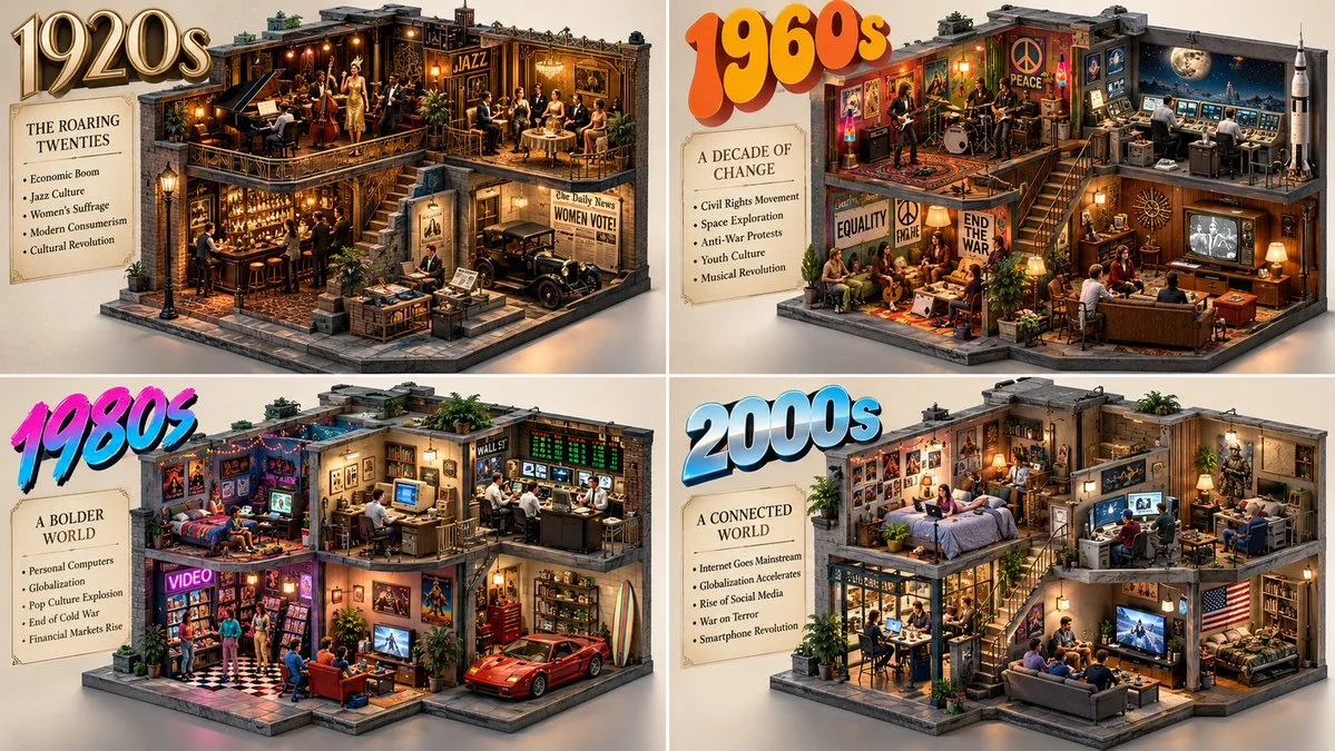 Isometric Cutaway of Iconic Decades in Movie History