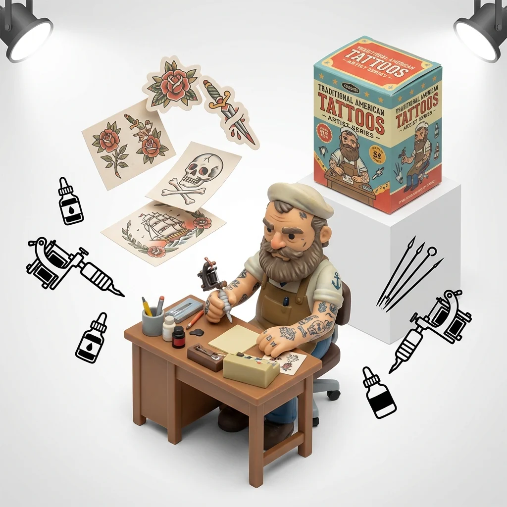 Isometric Studio Scene of Tattoo Artist with Floating Tools and Cards