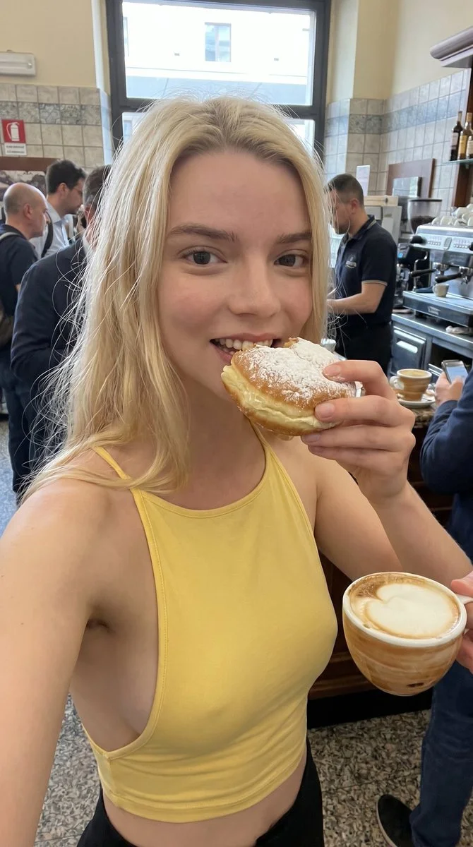 Italian girlfriend eats cream krapfen at busy train station bar